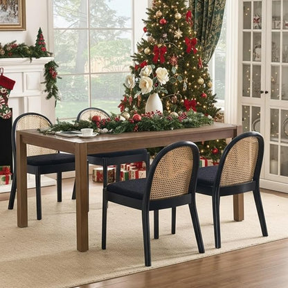 Upholstered Wooden Dining Chairs Set of 2, Farmhouse Kitchen & Dining Room Chairs with Cane Back, Accent Rattan Dining Table Chairs Sherpa Seat for Kitchen/Restaurant/Living Room, Black