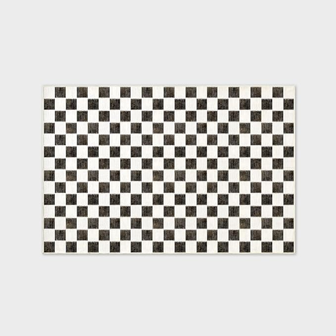 EVERGRACE Checkered Plaid Area Rug 6x9, Soft Faux Wool Rugs Washable Anti Slip Rugs Large Rug Carpet for Entryway Bedroom Living Room Hallway Kitchen and Laundry Room, Black and White