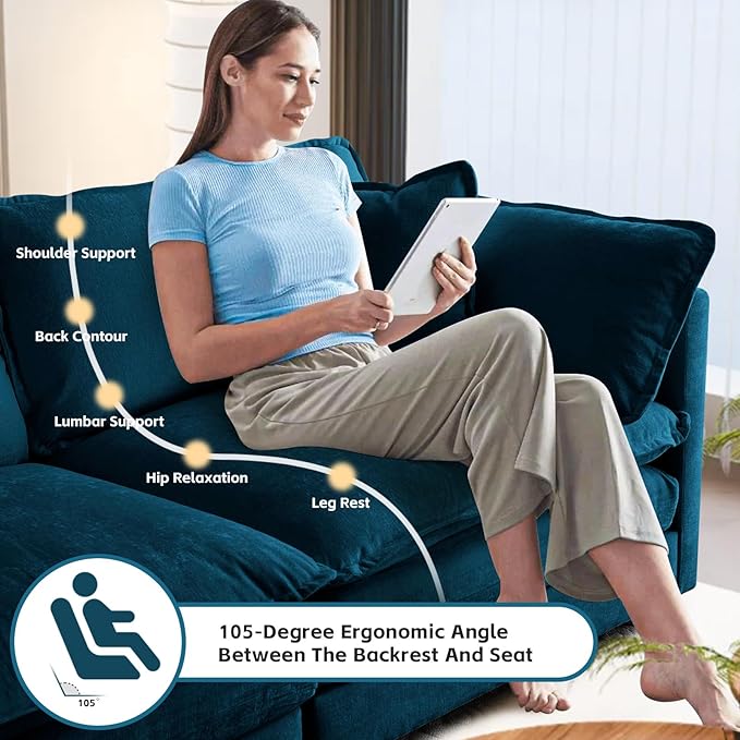 SoarFlash Chenille Sectional Sofa, Comfy Modular Loveseat Sofa, Modern 3-Seat Couch Deep Seat Sofa Set for Living Room,Deep Blue