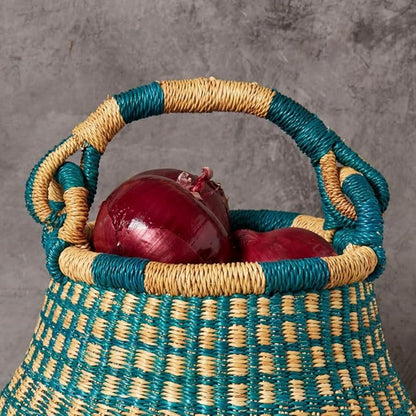 Kitchen Decor, Kitchen Storage, Fruit Basket, Wicker Basket, Woven, Shelf Decor, Decorative Basket, Harvestng Basket, Boho, African, Bolga, Pot Shape, 9" W, Small, Turquoise