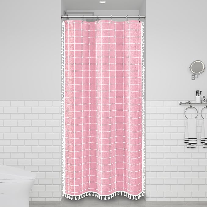 BTTN Boho Shower Stall Curtain - 36x72 Narrow Linen Ultra Thick Tassel Fabric Shower Curtain Set with 6 Plastic Hooks, Half Modern Farmhouse French Country Weighted Shower Curtains for Bathroom - Pink