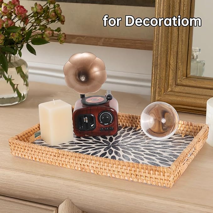 Rectangle Rattan Tray with Mother of Pearl Inlay, Rattan Serving Tray with Handle for Coffee, Bread, Fruits, Snacks, Decorative Wicker Tray for Table Decor (Rectangle Dark Blue Leaf, 13"×9")