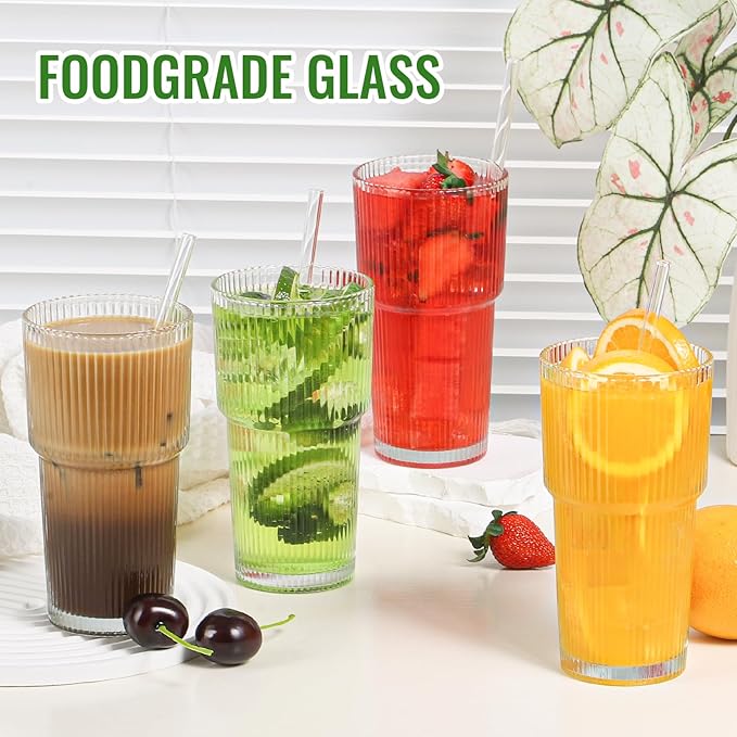 20 oz Glass Cups and Straw 4 Set, Glass Tumbler with Straw, Vintage Glassware for Whiskey Cocktail Beer, Iced Coffee Cups (4 PACK)