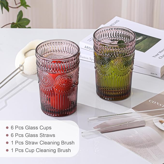 Vintage Glassware Drinking Glasses Set of 6,13 oz Purple Textured Flower Design Glass Water Tumblers，Embossed Striped Drinkware for Water,Cocktails,Juice,Iced Coffee