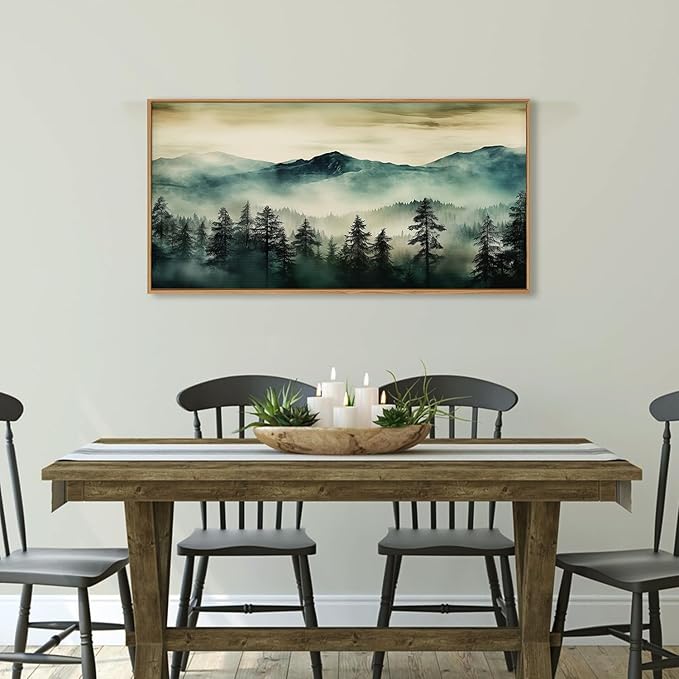 HOURIA Large Boho Mountain Forest Framed Canvas Wall Art Set,Nature Foggy Woodland Wall Decor,Modern Pine Tree Artwork,Watercolor Botanical Art Print for Living Room,Bedroom,Farmhouse- 20"×40"×1