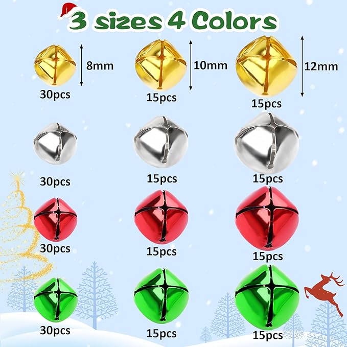 Augshy 240 Pieces Colorful Jingle Bells 4 Colors Mixed Craft Bell Bulk for Christmas Home and Pet Decorations Xmas Decor Party Favors Supplies (0.3/0.4/0.47 inch)