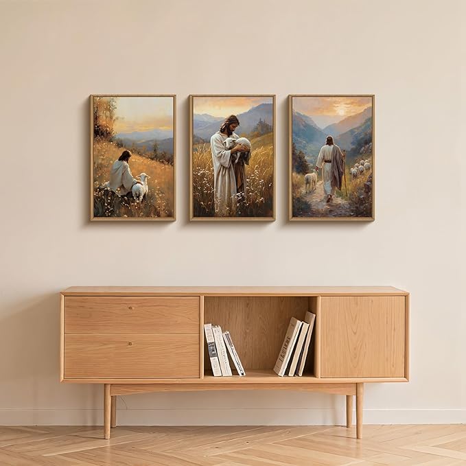 HOURIA Jesus Leaves The 99 Sheep Framed Canvas Wall Art Set,Christian The Lost Sheep Wall Decor,Jesus Embraces Lamb Artwork,Religious Biblical Art Prints for Living Room, Bedroom, Church- 16"x24"x3