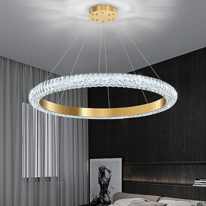 31.5" 1 Ring Crystal Chandelier Modern LED Dimmable Ring Pendant Light Chandelier for Dining Room Living Room Gold