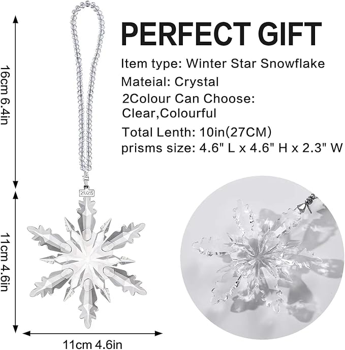 2025 Annual Edition Snowflake Christmas Ornament, Large Crystal Ornaments Display Winter House Decor with Gift Box（Clear B）