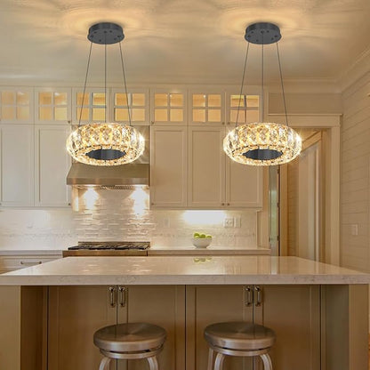 8" Ring Modern LED Dimmable Crystal Chandelier Adjustable Height Pendant Light Round Crystal Chandelier Light Fixtures for Dining Room Living Room Kitchen Island Black