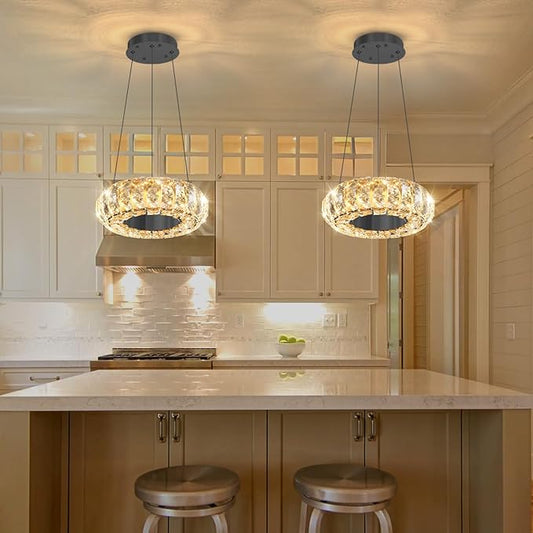 8" Ring Modern LED Dimmable Crystal Chandelier Adjustable Height Pendant Light Round Crystal Chandelier Light Fixtures for Dining Room Living Room Kitchen Island Black