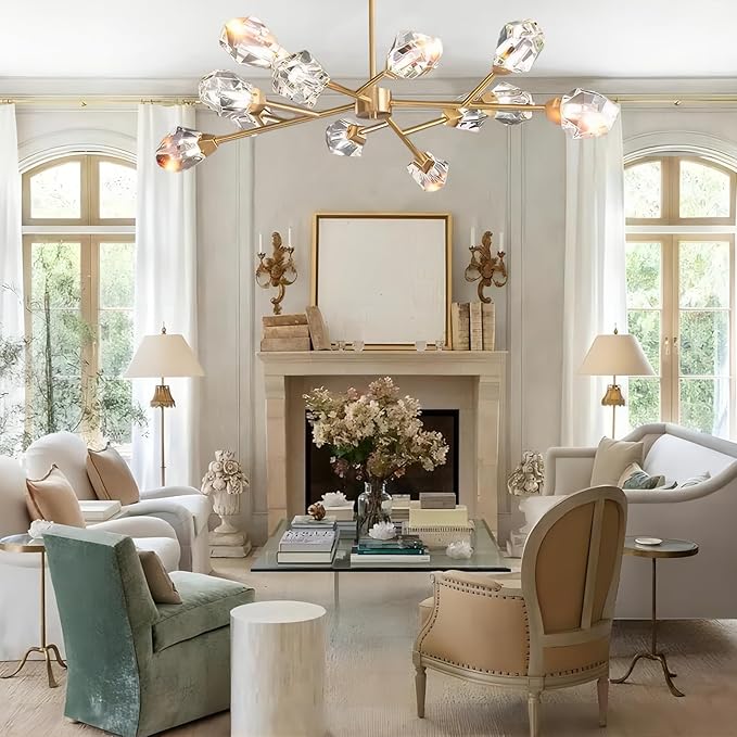 Mid Century Modern Chandelier Sputnik Crystal Chandeliers Ceiling Light Fixtures 12-Light Brass Gold Pendant Lighting for Dining Room, Kitchen Island, Living Room, AP-RYX-12LGBL