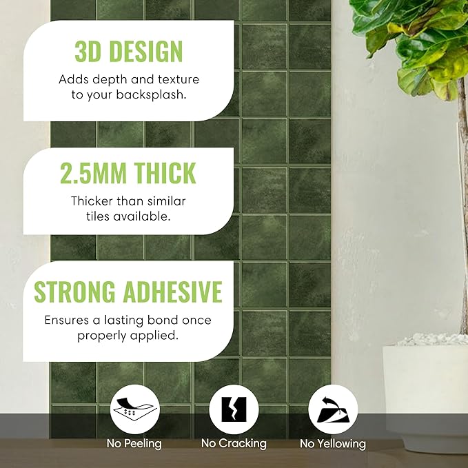 5 Pack Peel and Stick Backsplash Square Tiles, Extra Thick 3D Wall Panels, Heat & Water Resistant, Easy DIY Kitchen, Bathroom, Laundry, Fireplace & Rental Home Wall Décor (12 x 12 in), Green