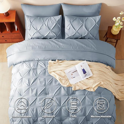 CozyLux Full Size Comforter Sets Grayish Blue, 7 Pieces Pintuck Bed in A Bag Blue Comforter Full Size, Pinch Pleat Bedding Sets with All Season Comforter, Sheets, Pillowcases & Shams