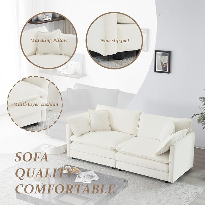 SoarFlash Chenille Sectional Sofa, Comfy Modular Loveseat Sofa, Modern 2-Seat Couch Deep Seat Sofa Set for Living Room,White