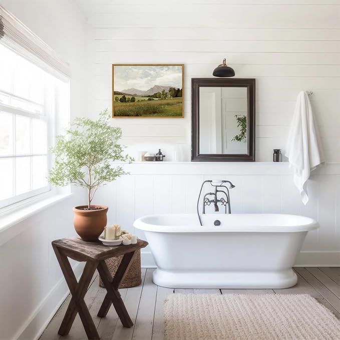 KBKBART Framed Vintage Landscape Wall Art Prints, Retro Muted Green Forest Valley Nature Wilderness Canvas Painting, Farmhouse Decor Wall Art for Bedroom, Bathroom,Vintage Wall Decor(12"x16")