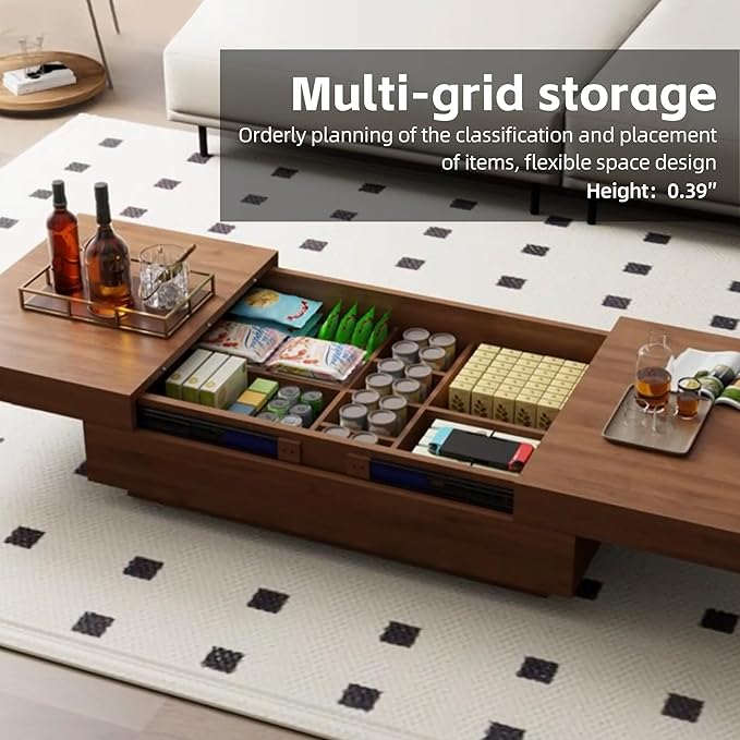 Mid-Century Expandable Coffee Table with Storage – 47.2"-81.9" Adjustable Center Table for Living Room, Walnut Wood Finish