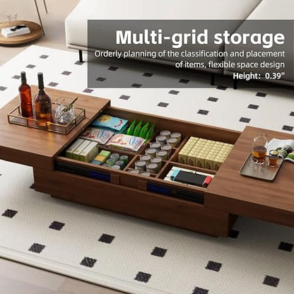 Mid-Century Expandable Coffee Table with Storage – 47.2"-81.9" Adjustable Center Table for Living Room, Walnut Wood Finish