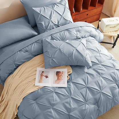 CozyLux Twin Comforter Set with Sheets Grayish Blue, 5 Pieces Pintuck Bed in A Bag, Twin Bed Set Gift for Family, Pinch Pleat Bedding Set with Comforter, Sheets, Pillowcase & Sham