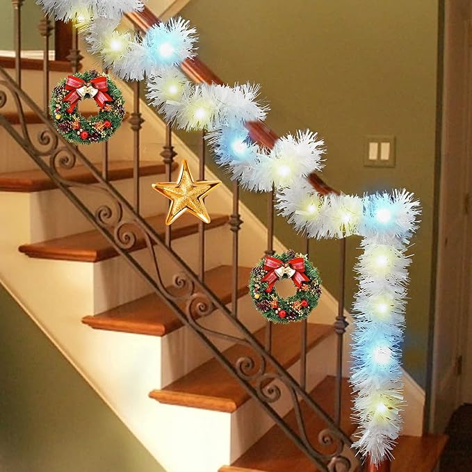 LOMIMOS 32.8 Ft Christmas Tinsel Garland with Lights, Pure White Decoration for Christmas Tree Party Wedding Supplies