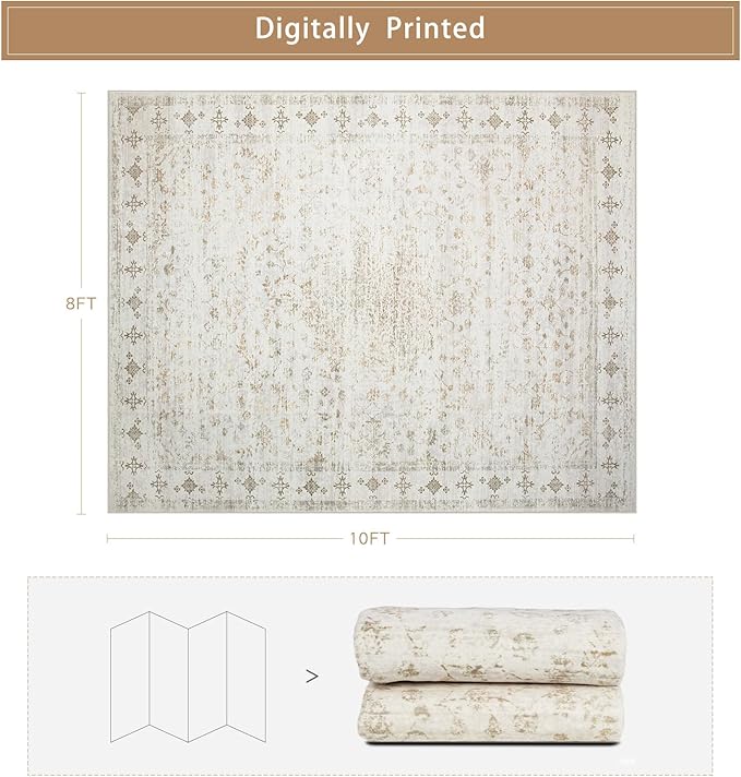 Washable Rugs 8x10 Area Rugs for Living Room,Rugs for Bedroom,Large Carpets,Ultra Soft Faux Wool Retro Dining Room Rug,Non Slip&Non-Shedding Low Pile Vintage Print Rug for Home Office-Beige