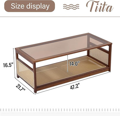 Tiita Coffee Tables for Living Room，Mid Century Modern Storage 2-Tier Coffee Tables，Rattan Glass RectangleTables，Suitable for Living Room Apartment, Large, Brown