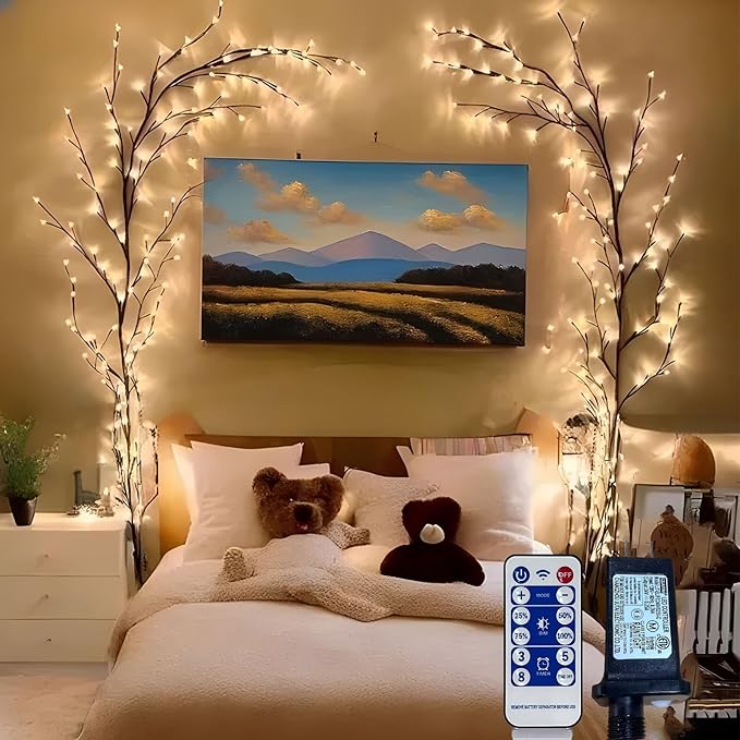 2PCS Enchanted Willow Vine Lights for Home Decor,Flexible DIY Lighted Branches with Remote On/Off Timer Dimmer,7.5FT Lighted Willow Vine 144LEDs for Bedroom Aesthetic Living Room Decor,Brown