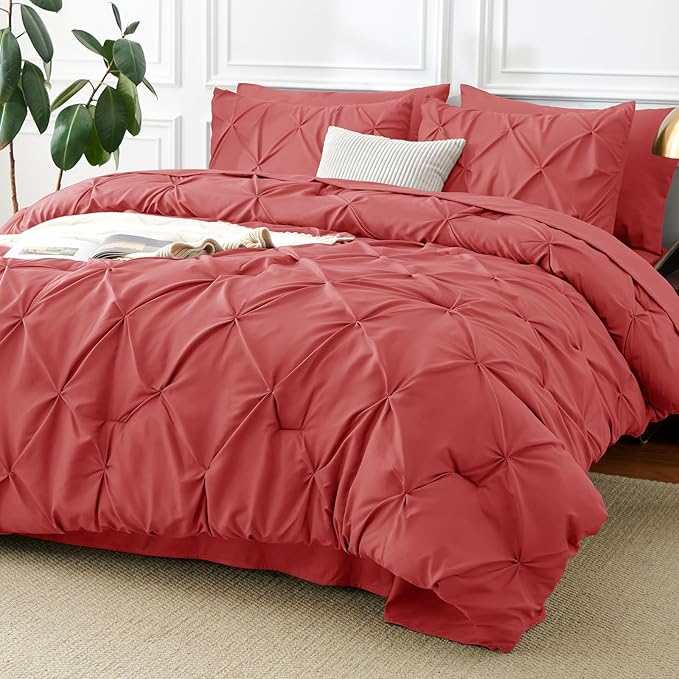 CozyLux King Size Comforter Set Coral, 7 Pieces Pintuck Bed in A Bag Coral Comforter King Size, Pinch Pleat Bedding Set with All Season Comforter, Flat Sheet, Fitted Sheet, Pillowcases & Shams