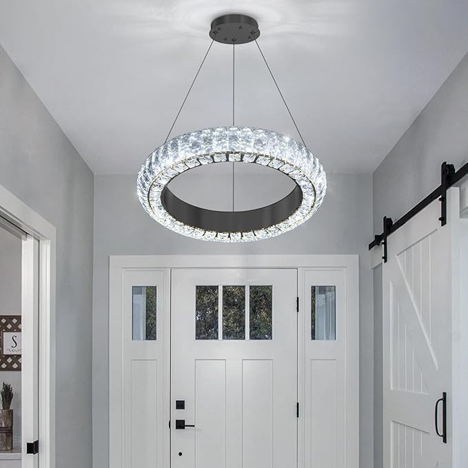 16" Ring Modern LED Dimmable Crystal Chandelier Adjustable Height Pendant Light Round Crystal Chandelier Light Fixtures for Dining Room Living Room Kitchen Island Black