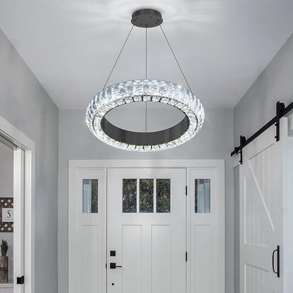 16" Ring Modern LED Dimmable Crystal Chandelier Adjustable Height Pendant Light Round Crystal Chandelier Light Fixtures for Dining Room Living Room Kitchen Island Black