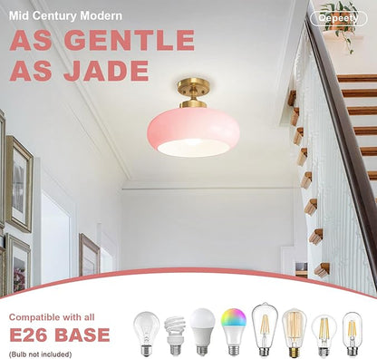 Mid Century Modern Flush Mount Ceiling Light Vintage Pink Close to Ceiling Light Fixtures Overhead Light Gold Glass for Kids Room Hallway Living Room Kitchen