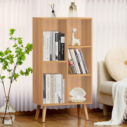 LEYAOYAO Wooden 5 Cube Bookshelf, Natural 3 Tier Book Shelf with Legs, Modern Open Storage Organizer,Boho Bookcase,Display Cabinet Shelf Free Standing Bookshelves for Bedroom,Living Room,Study