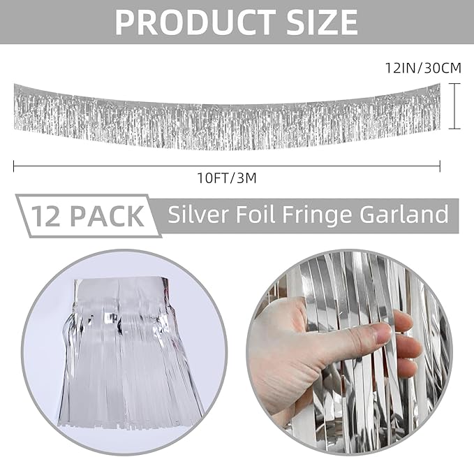 12 Pack 10 Feet Metallic Foil Fringe Garland Tinsel Streamers Banner, Silver Wall Hanging Tinsel Fringe Banners for Parade Floats, Wedding, Birthday, Christmas, New Year Party Decorations