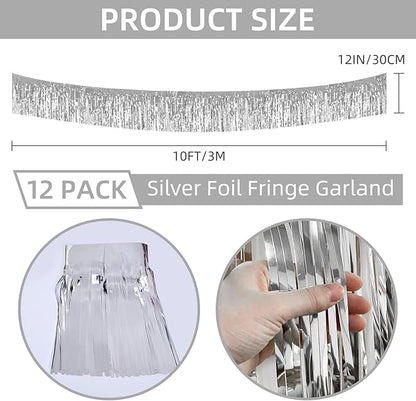 12 Pack 10 Feet Metallic Foil Fringe Garland Tinsel Streamers Banner, Silver Wall Hanging Tinsel Fringe Banners for Parade Floats, Wedding, Birthday, Christmas, New Year Party Decorations