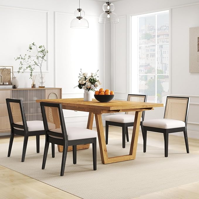Farmhouse Rattan Dining Chairs Set of 4 Black Wood Dining Room Chairs Rectangle Cane Country Kitchen Chairs Upholstered Dining Chair for Dining Room, Cream Linen