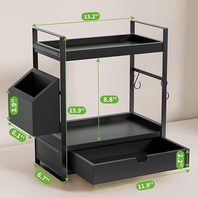 2-Tier Bathroom Counter Organizer with Drawer and Basket, Wood Countertop Organizer for Storage, Skincare Organizers for Vanity, Counter Shelf for Bathroom Organization, Black