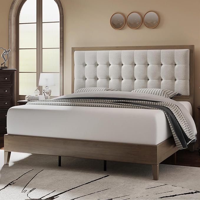 Jocisland Wood Full Size Bed Frame,Tall Upholstered Tufted Headboard, Solid Wood Platform, No Box Spring Needed, Ash Gray