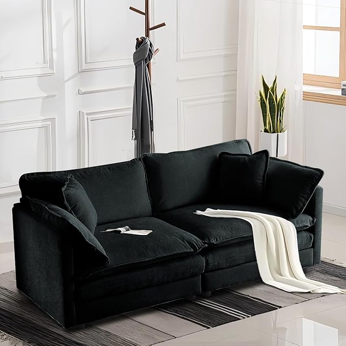 SoarFlash Chenille Sectional Sofa, Comfy Modular Loveseat Sofa, Modern 2-Seat Couch Deep Seat Sofa Set for Living Room,Black