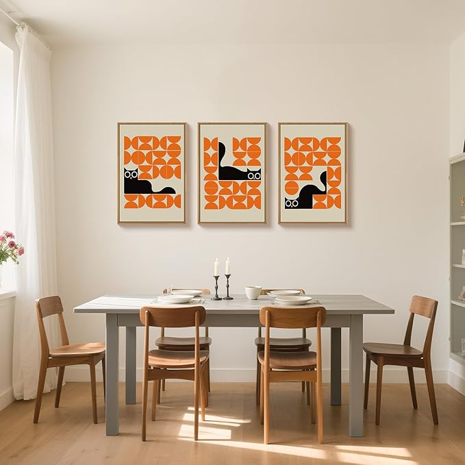 HOURIA Geometric Black Cat Framed Canvas Wall Art Set,Abstract Orange & Cream Wall Decor,Round Eyes Playful Kitten Wall Painting,Modern Animal Prints for Nursery,Living Room,Office - 24"x36"x3