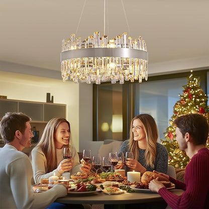 Siljoy 19.7'' Modern Crystal Chandelier for Dining Room, Luxury 2-Tiers K9 Crystal Raindrop Chandelier Flush Mount Dimmable Pendant Ceiling Light for Living Room Kitchen Island E12x12, Brushed Nickel