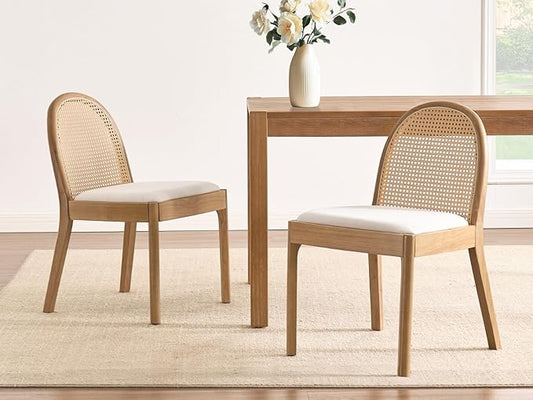 Upholstered Wooden Dining Chairs Set of 2, Farmhouse Kitchen & Dining Room Chairs with Cane Back, Accent Dining Table Chairs Beige Linen Seat for Kitchen/Restaurant/Living Room, Beige