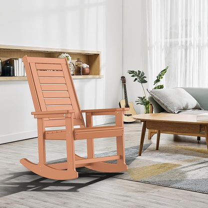 GREENVINES Outdoor Rocking Chairs | Set of 2 | Porch Rocker | HDPE Plastic | Teak | Oversized Rockers | High Back | Big & Tall | Ladder Back | for Patio Outside Backyard Balcony Garden