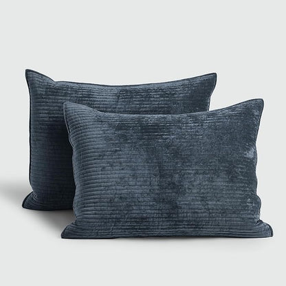 EVERGRACE Velvet Quilt Set King Size, Luxurious Soft Quilted Bedding Sets, Lightweight Velvet Comforter for All Season, Striped Channel Bedspread Coverlet with 2 Shams, Midnight Blue