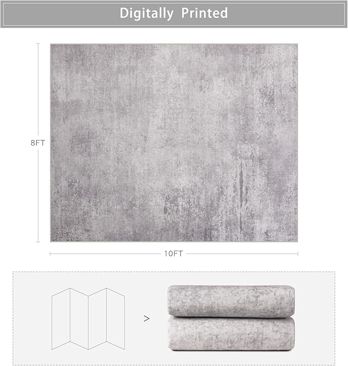 Washable Rugs 8x10 Area Rugs for Living Room,Modern Abstract Rugs for Bedroom,Large Carpets,Ultra Soft Faux Wool Retro Dining Room Rug,Non Slip&Non-Shedding Low Pile Print Rug- Grey