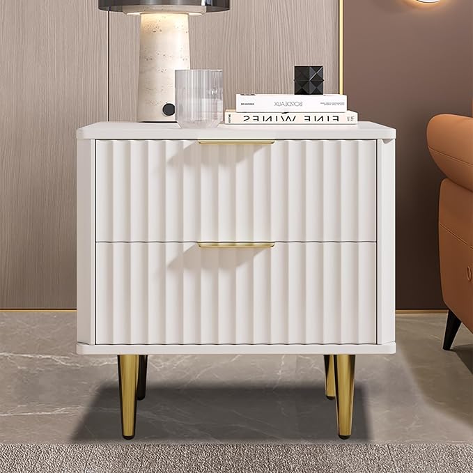homary Modern Night Stand, White Night Stand with Drawers, Bedside Table with Gold Metal Legs for Bedroom Living Room