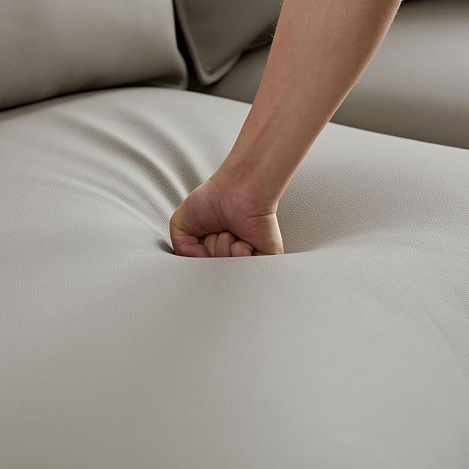 WILLIAMSPACE 124.8" Leather Curved Sofa Couch, Modern Upholstery Luxury Sofa with Pillows, Left Hand Facing Sectional Couch for Living Room (Right-Facing,Light Grey Leather)