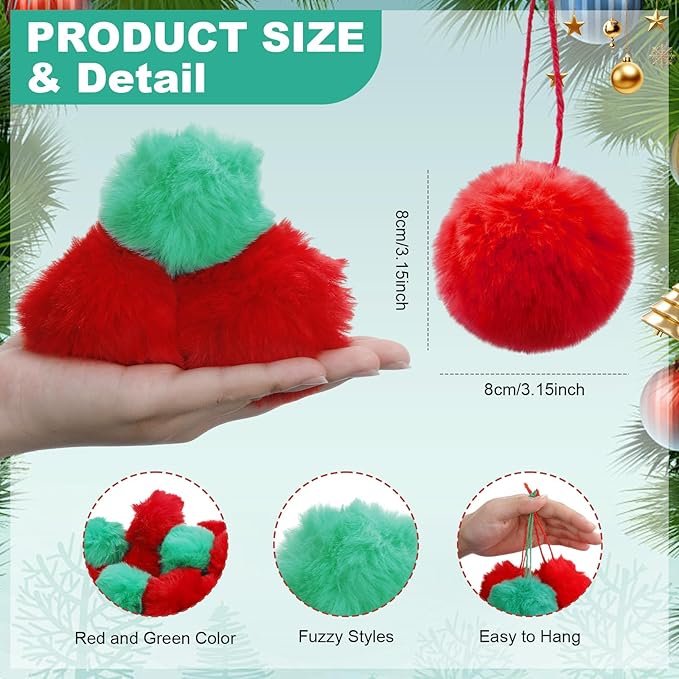 24 Pcs Red Green Fur Christmas Ornaments 3.15 Inch Pom Pom Ball Lime Green Hanging Decoration Fuzzy Fluffy Christmas Tree Decorations for Xmas Tree Wreath Home DIY Craft Gift Party Decor