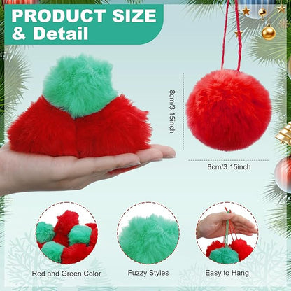 24 Pcs Red Green Fur Christmas Ornaments 3.15 Inch Pom Pom Ball Lime Green Hanging Decoration Fuzzy Fluffy Christmas Tree Decorations for Xmas Tree Wreath Home DIY Craft Gift Party Decor