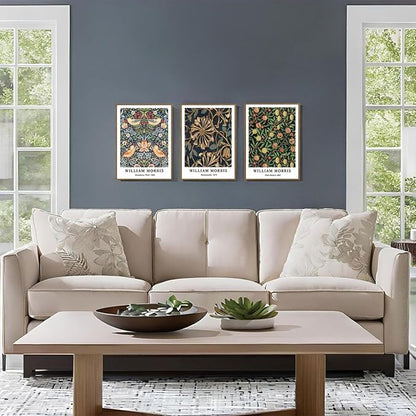 ILLBDR William Morris Framed Wall Art Vintage Botanical Canvas Wall Art Set of 3 Gold Strawberry Thief Prints Cotton Artwork Birds Pictures Decor for Bedroom Living Room 12x16 Inch