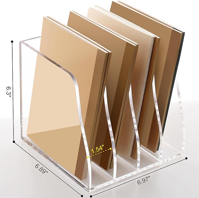SANRUI Acrylic Desk File Organizer, 4 Vertical Compartments Clear Magazine File Holder Workspace Sorters, Folder Rack for Office Accessories Organization Storage
